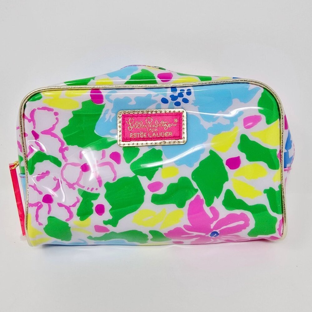 Lilly Pulitzer ✦ Floral Vinyl Cosmetic Bag ✦ Estée Lauder Pink Lining Gold Zip - Picture 2 of 7